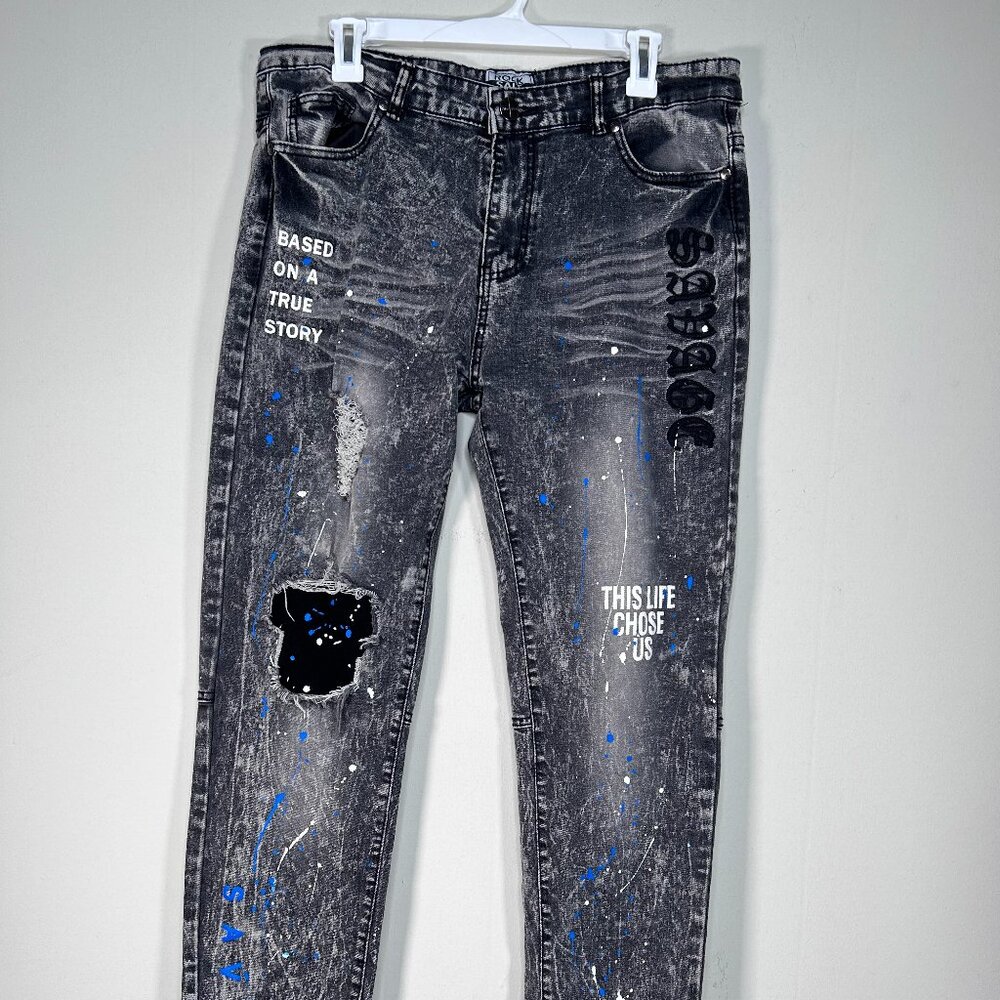 Rock Salt Skinny Denim Jeans Men's 34 Black Distressed "This Life Chose Us”